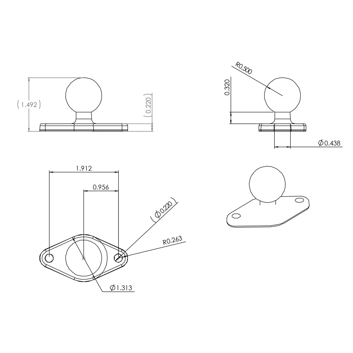 RAM-B-238U RAM® Diamond Ball Base - 1" Ball